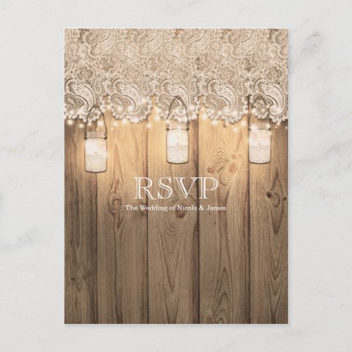 Rustic Wood Lace  Lighted Mason Jar Wedding RSVP Invitation Postcard