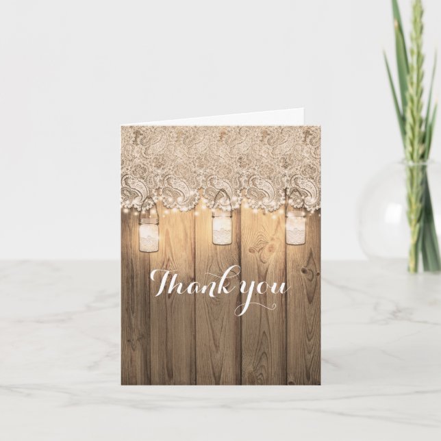 Rustic Wood Lace & Lighted Mason Jar Wedding Thank You Card (Front)