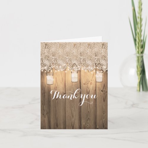 Rustic Wood Lace  Lighted Mason Jar Wedding Thank You Card