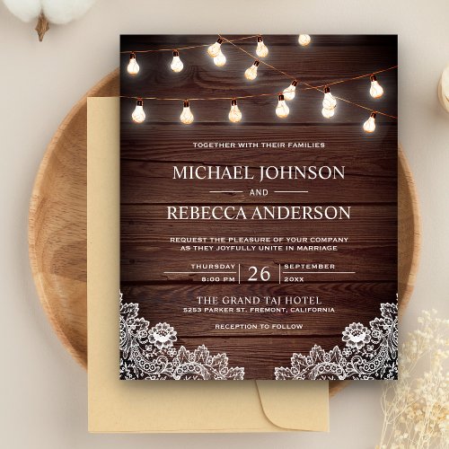 Rustic Wood Lace Lights Budget Wedding Invitation