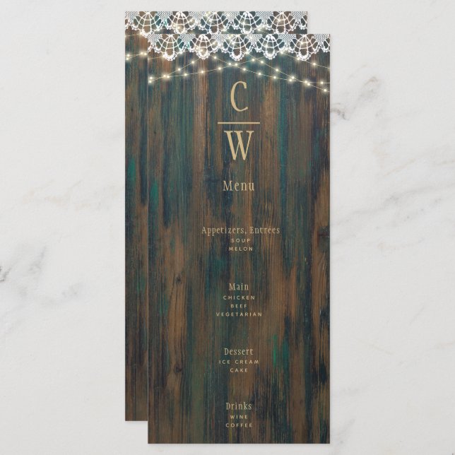 Rustic Wood Lace Lights Gold Text Wedding  Menu (Front/Back)