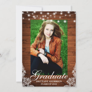 Rustic Wood Lace Lights Photo Graduation Announcement