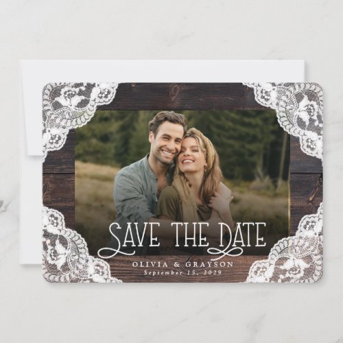 Rustic Wood Lace Lights Photo Save the Date