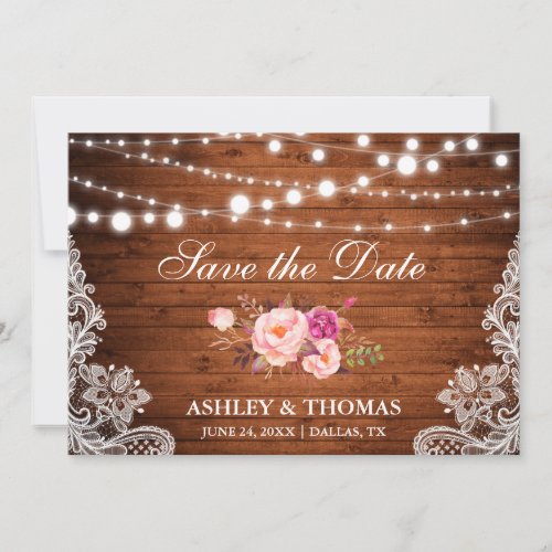 Rustic Wood Lace Lights Pink Floral Save the Date