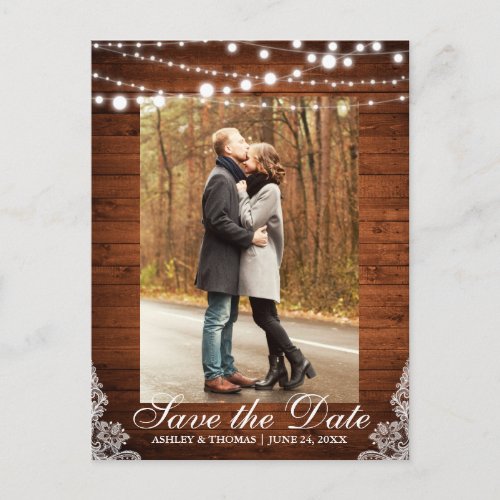 Rustic Wood Lace Lights Save the Date Back Text Announcement Postcard