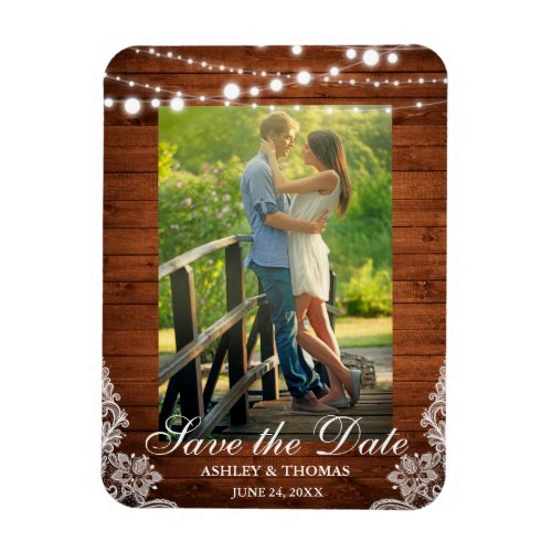 Rustic Wood Lace Lights Save the Date Photo Magnet
