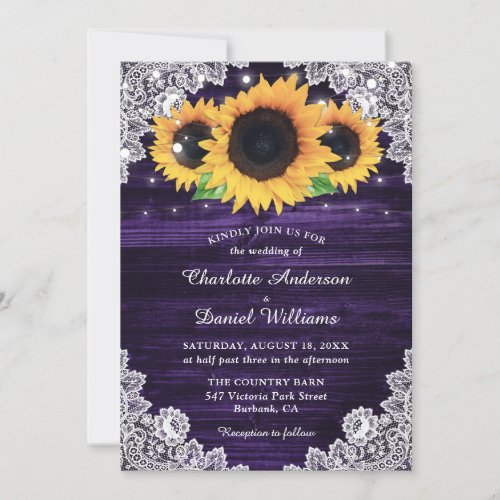 Rustic Wood Lace Lights Sunflower Purple Wedding Invitation