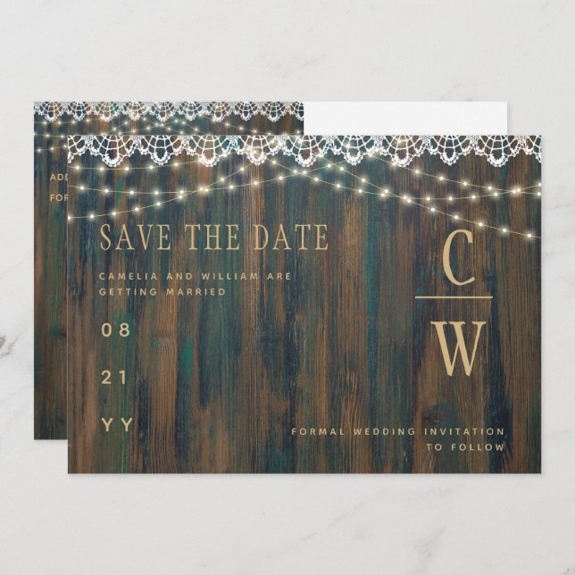 Rustic Wood Lace Lights Wedding  Save The Date (Front/Back)