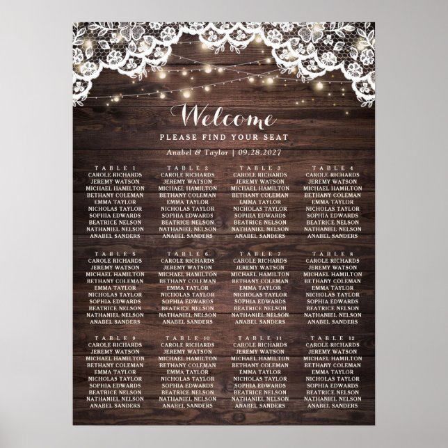 Rustic Wood Lace Lights Wedding Seating Chart (Front)