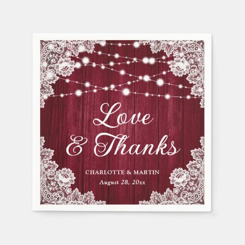 Rustic Wood Lace Love and Thanks Burgundy Wedding Napkins