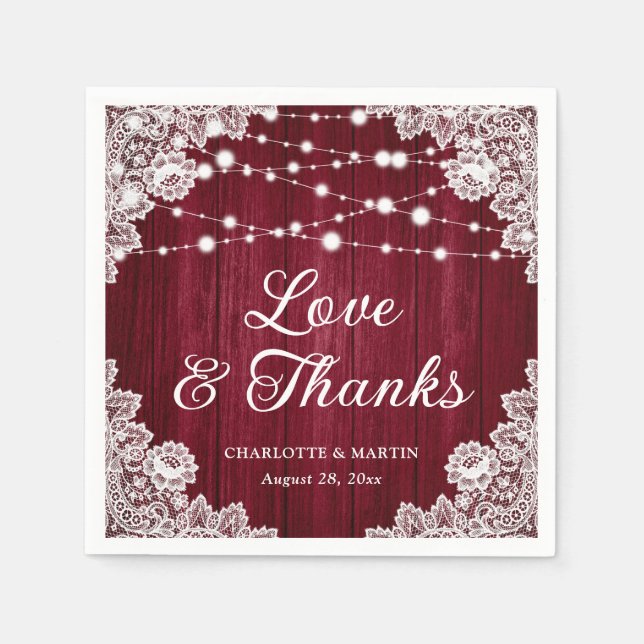 Rustic Wood Lace Love and Thanks Burgundy Wedding Napkins (Front)
