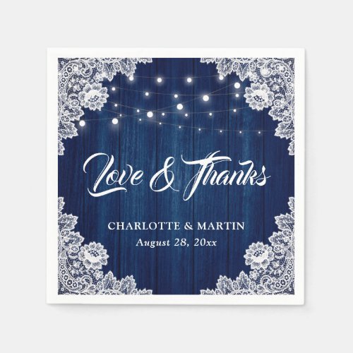 Rustic Wood Lace Love and Thanks Navy Blue Wedding Napkins