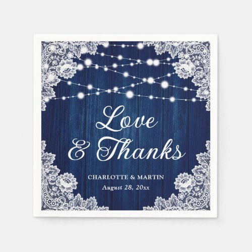 Rustic Wood Lace Love and Thanks Navy Blue Wedding Napkins