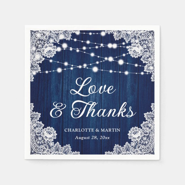 Rustic Wood Lace Love and Thanks Navy Blue Wedding Napkins (Front)