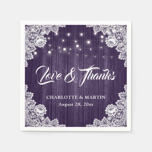 Rustic Wood Lace Love and Thanks Purple Wedding Napkins