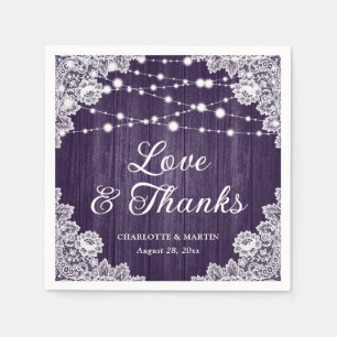 Rustic Wood Lace Love and Thanks Purple Wedding Napkins