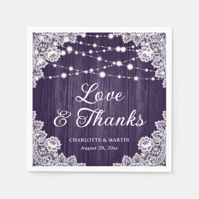 Rustic Wood Lace Love and Thanks Purple Wedding Napkins (Front)