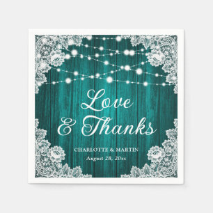 Rustic Wood Lace Love and Thanks Teal Wedding Napkins