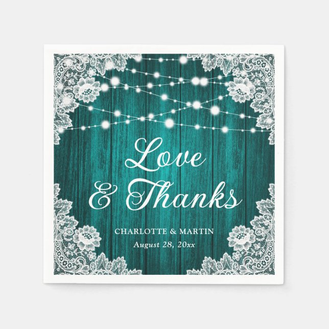 Rustic Wood Lace Love and Thanks Teal Wedding Napkins (Front)