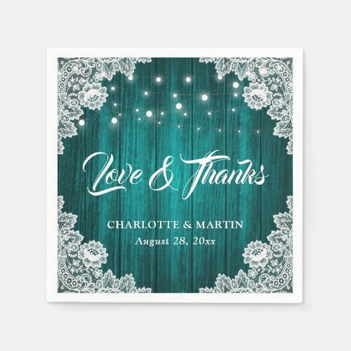 Rustic Wood Lace Love and Thanks Teal Wedding Napkins