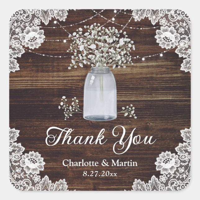 Rustic Wood Lace Mason Jar Baby's Breath Thank You Square Sticker | Zazzle