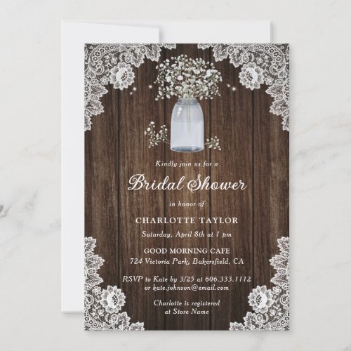 Rustic Wood Lace Mason Jar Floral Bridal Shower Invitation
