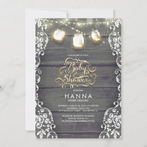 Rustic Wood Lace Mason Jar Lights Baby Shower Invitation - Rustic country baby shower invitations with vintage lace, rustic wood background and string lights mason jars.