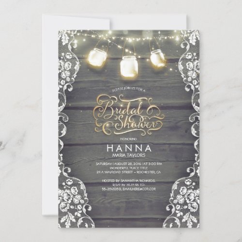 Rustic Wood Lace Mason Jar Lights Bridal Shower Invitation - Rustic country bridal shower invitations with vintage lace, rustic wood background and string lights mason jars.