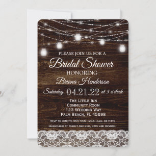 Rustic Wood & Lace Mason Jar Lights Bridal Shower Invitation