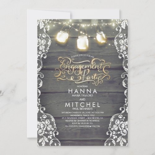 Rustic Wood Lace Mason Jar Lights Engagement Party Invitation - Rustic engagement party invitations with vintage lace, rustic wood background and string lights with mason jars.