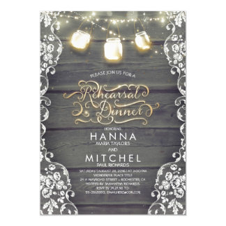 Rustic Wood Lace Mason Jar Lights Rehearsal Dinner Invitation