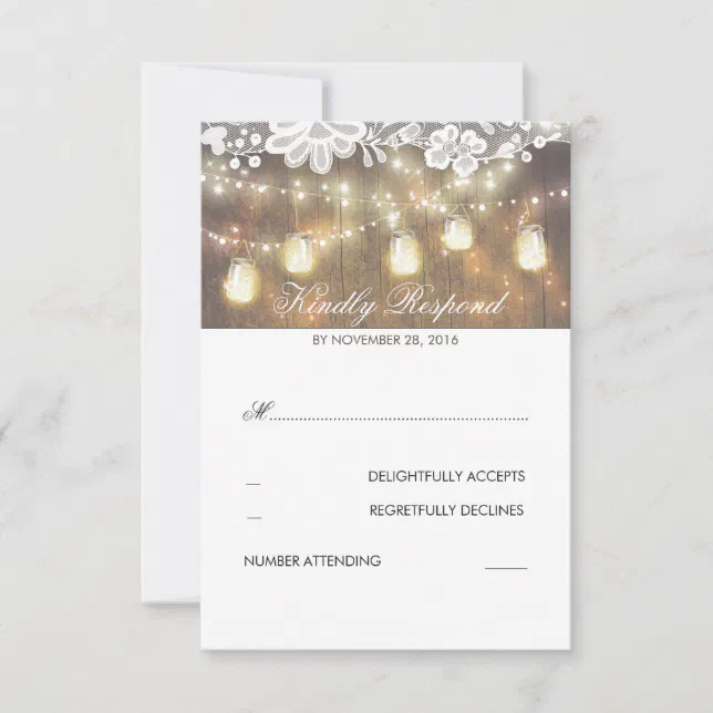 Rustic Wood Lace Mason Jar Lights Wedding RSVP Card | Zazzle