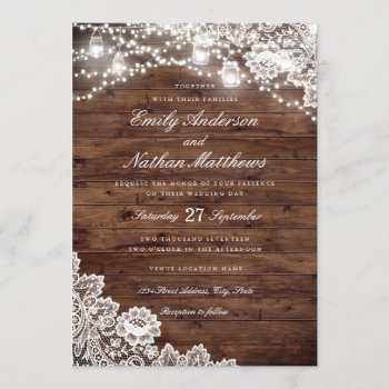 Rustic Wood Lace Mason Jar String Lights Wedding Invitation by LittleBayleigh at Zazzle