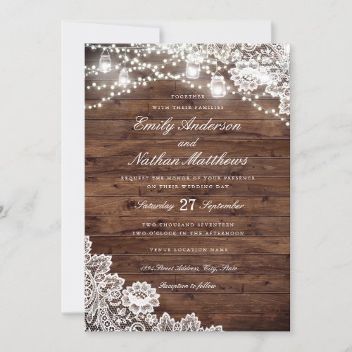 Rustic Wood Lace Mason Jar String Lights Wedding Invitation