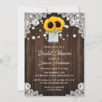 Rustic Wood Lace Mason Jar Sunflower Bridal Shower Invitation by DanielCapPhotography at Zazzle