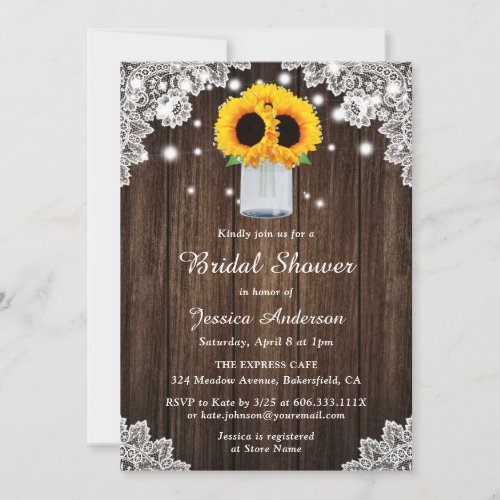Rustic Wood Lace Mason Jar Sunflower Bridal Shower Invitation