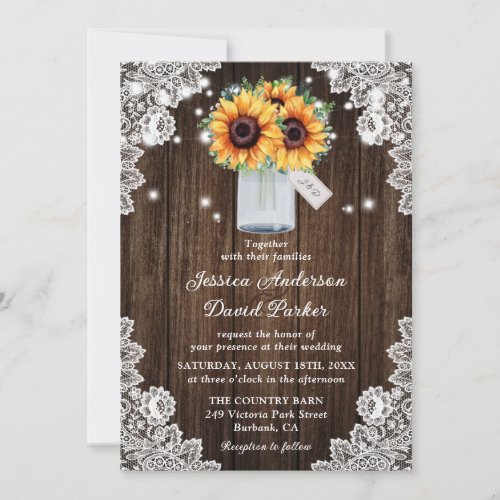 Rustic Wood Lace Mason Jar Sunflower Wedding Invitation