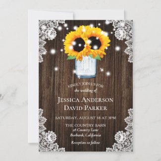 Rustic Wood Lace Mason Jar Sunflower Wedding Invitation