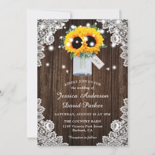 Rustic Wood Lace Mason Jar Sunflower Wedding Invitation