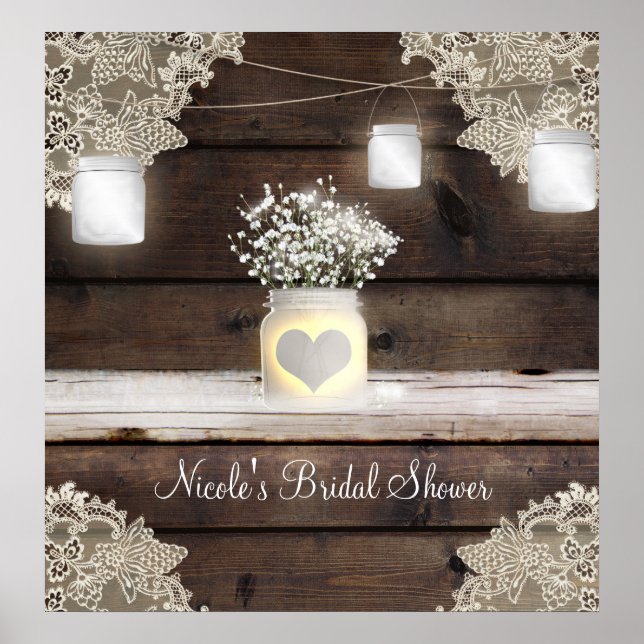 Rustic Wood, Lace & Mason Jars Barn Banner Poster (Front)