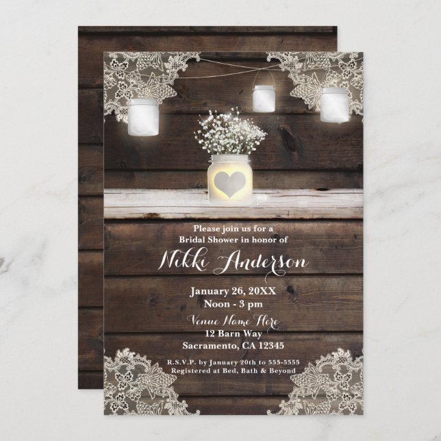Rustic Wood, Lace & Mason Jars Barn Bridal Shower Invitation (Front/Back)