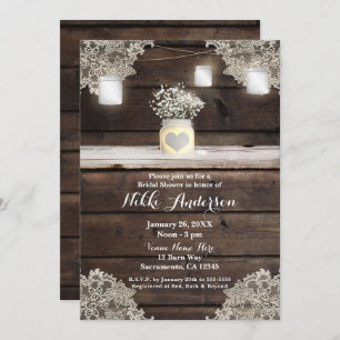 Rustic Wood, Lace & Mason Jars Barn Bridal Shower Invitation
