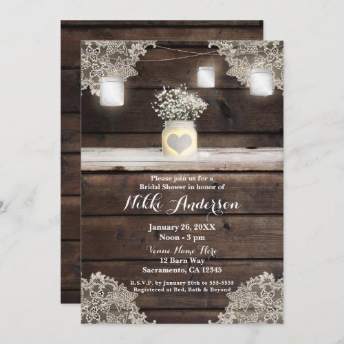 Rustic Wood Lace  Mason Jars Barn Bridal Shower Invitation