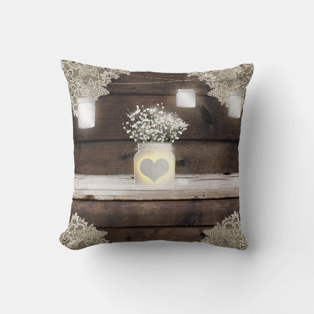 Rustic Wood, Lace & Mason Jars Barn Elegant Custom Throw Pillow (Front)