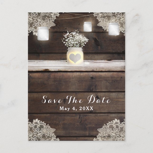 Rustic Wood, Lace & Mason Jars Barn Save the Date Announcement Postcard (Front)
