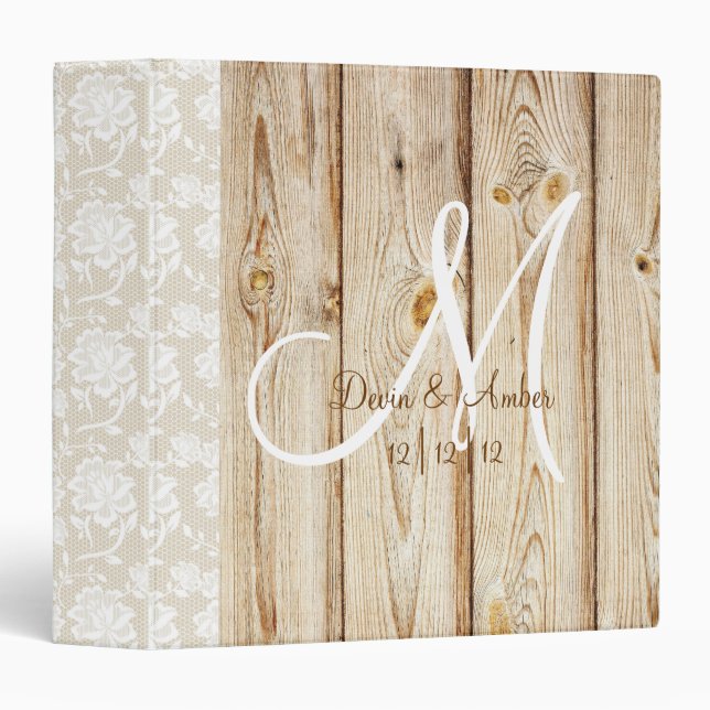 Rustic Wood & Lace monogrammed wedding planner 3 Ring Binder (Front/Spine)