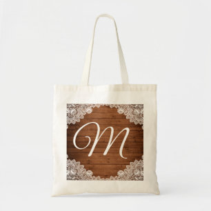 Rustic Wood & Lace Monogrammed Wedding Tote Bag