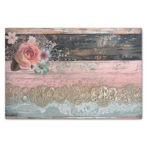Rustic Wood Lace Pastel Flowers Decoupage Tissue Paper