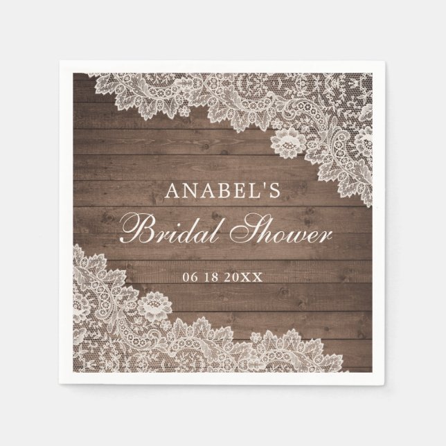 Rustic Wood Lace Personalized Bridal Shower Napkins (Front)
