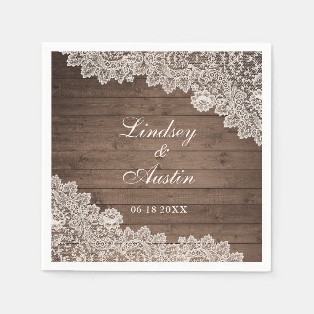 Rustic Wood Lace Personalized Wedding Napkins (Front)